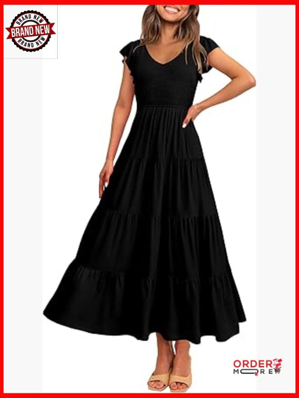Flowy Maxi Dress V Neck Cap Sleeve Smocked Beach Sundress